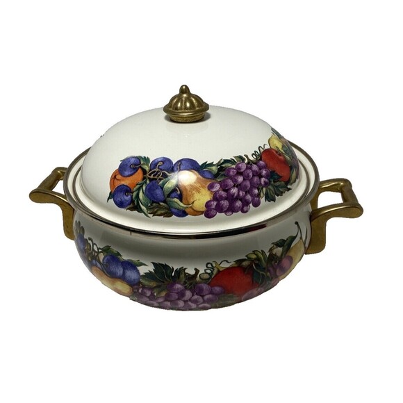 Vintage Lincoware Enamel Casserole Dish Cornucopia Fruit Brass Handles 8 inch - Picture 1 of 6